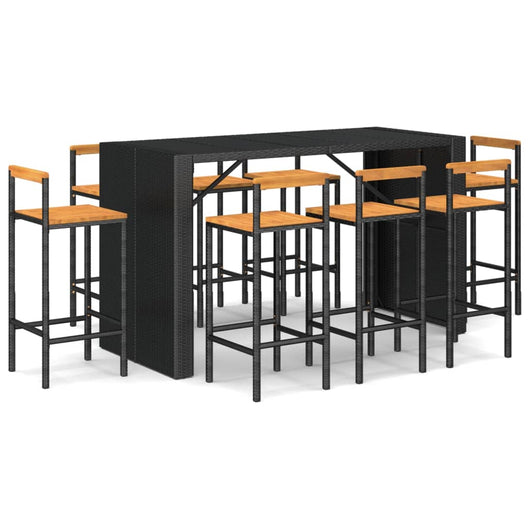 Set Bar Giardino 9 pz Nero Polyrattan e Legno Massello Acacia 3187704