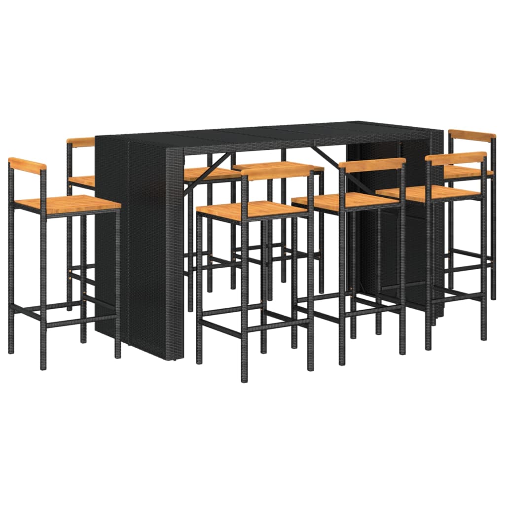 Set Bar Giardino 9 pz Nero Polyrattan e Legno Massello Acacia 3187704