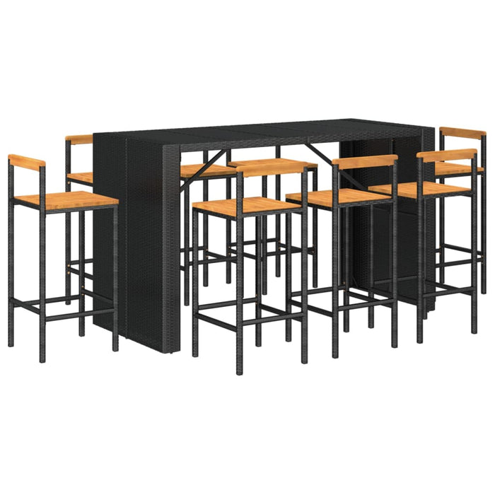 Set Bar Giardino 9 pz Nero Polyrattan e Legno Massello Acacia 3187704