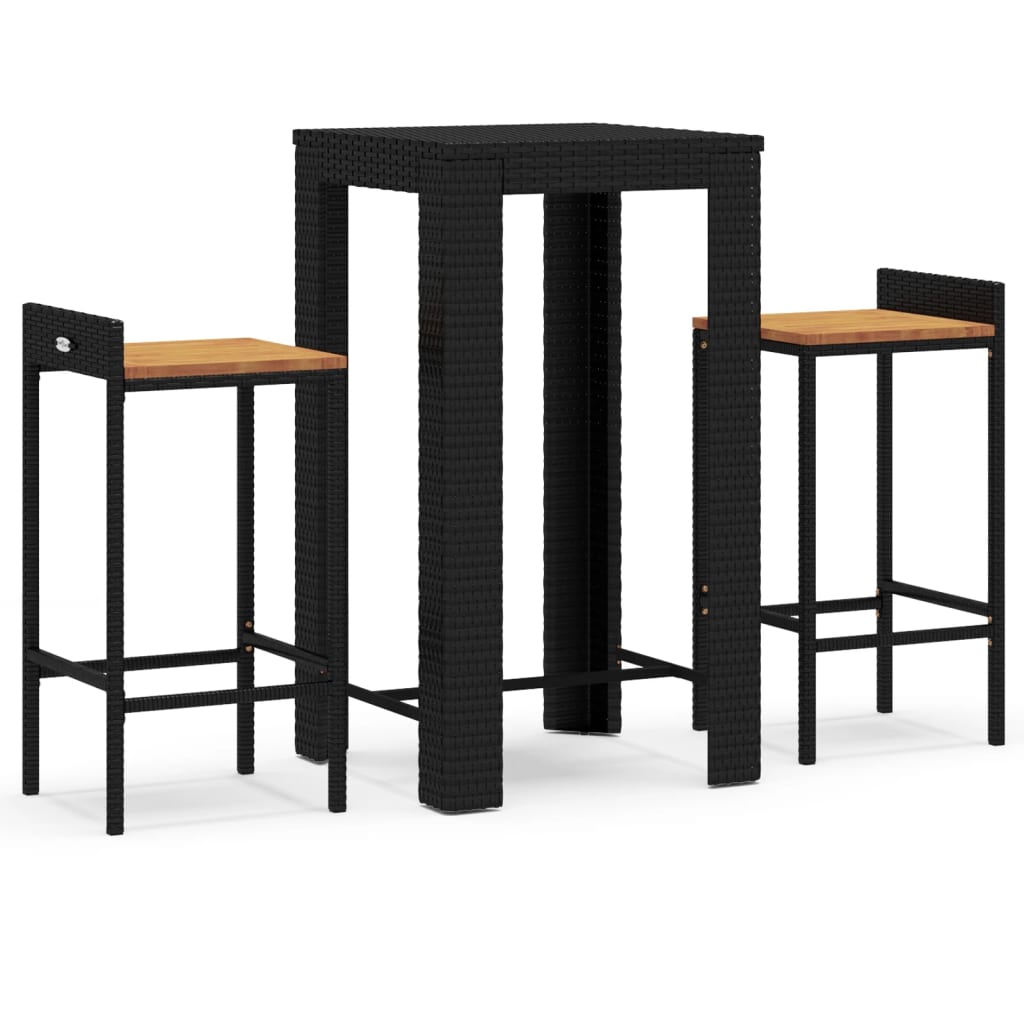 Set Bar Giardino 3 pz Nero Polyrattan e Legno Massello Acacia 3187706