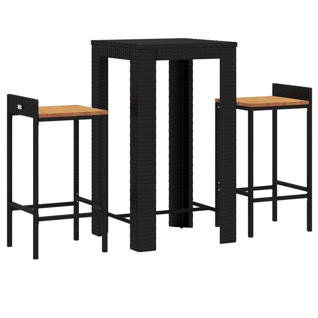 Set Bar Giardino 3 pz Nero Polyrattan e Legno Massello Acacia 3187706