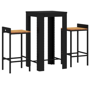 Set Bar Giardino 3 pz Nero Polyrattan e Legno Massello Acacia 3187706