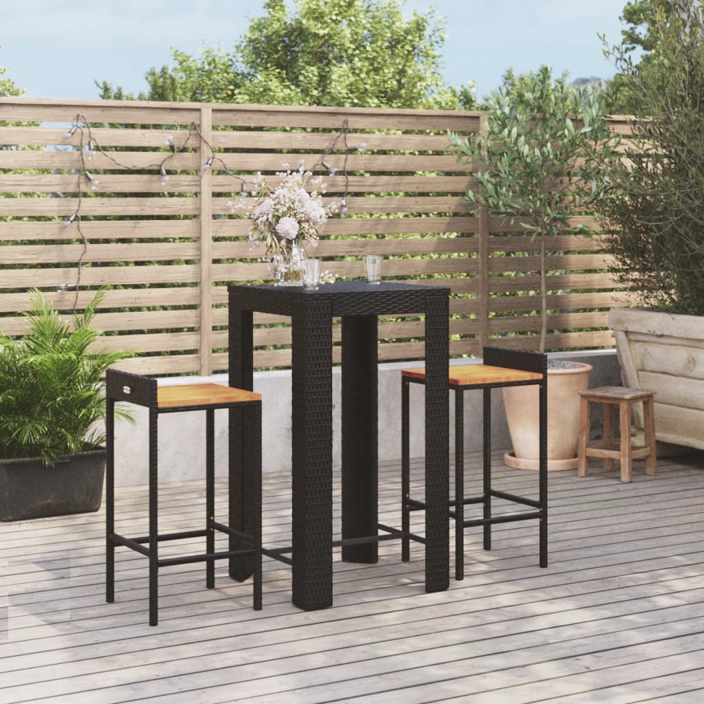 Set Bar Giardino 3 pz Nero Polyrattan e Legno Massello Acacia 3187706