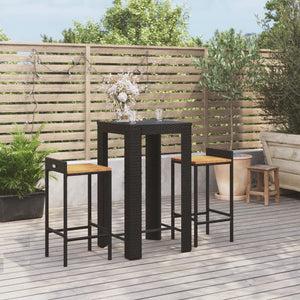 Set Bar Giardino 3 pz Nero Polyrattan e Legno Massello Acaciacod mxl 124626