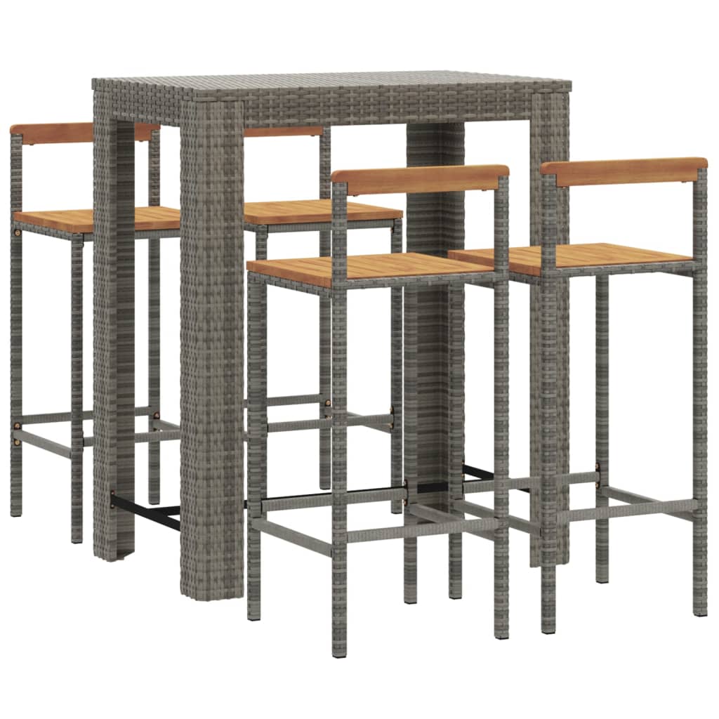 Set bar da giardino mobili da esterno terrazza 5 pezzi polyrattan grigio/legno massiccio di acacia 02_0013481