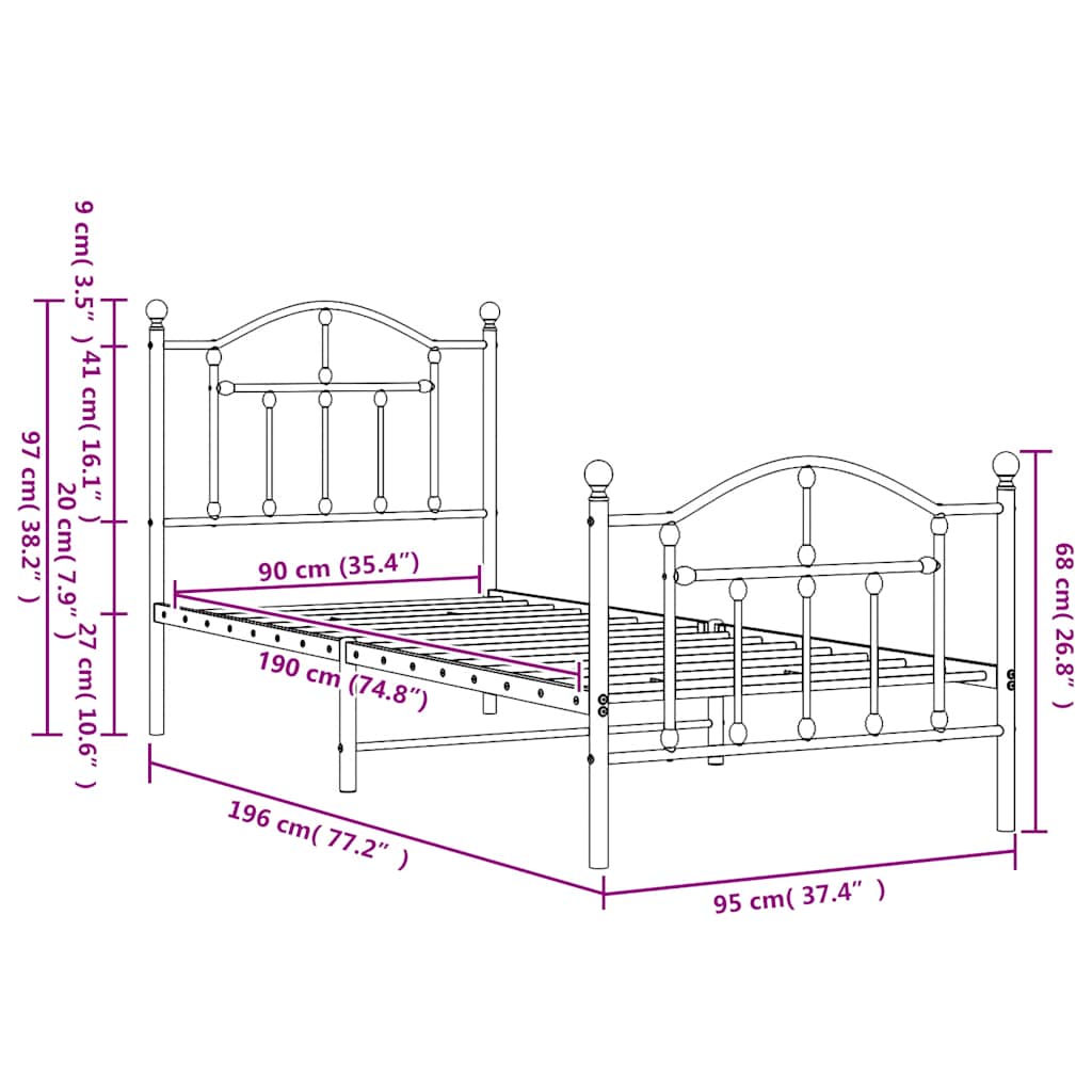 Giroletto con Testiera e Pediera Metallo Nero 90x190 cm 353449