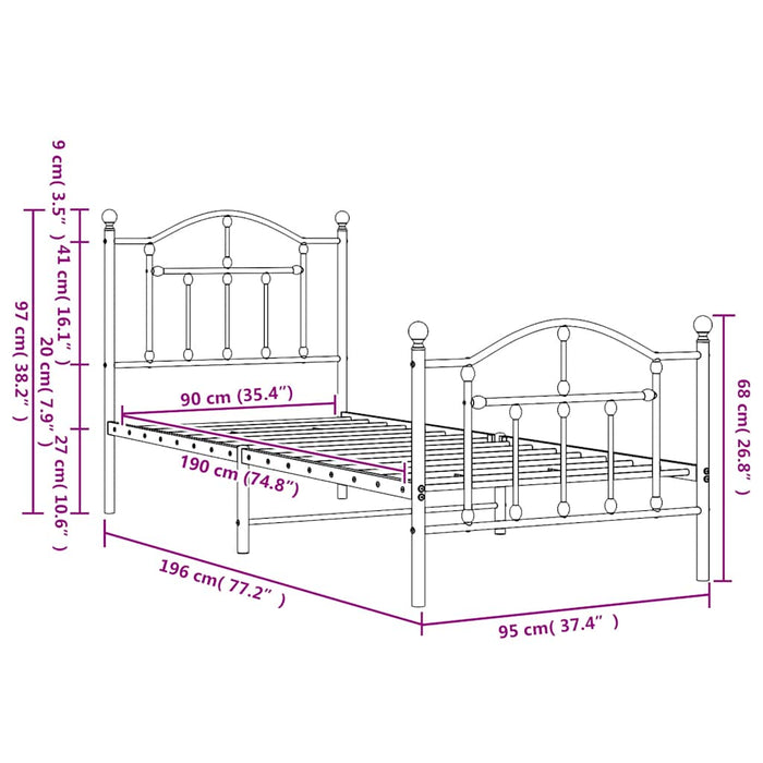 Giroletto con Testiera e Pediera Metallo Nero 90x190 cm 353449
