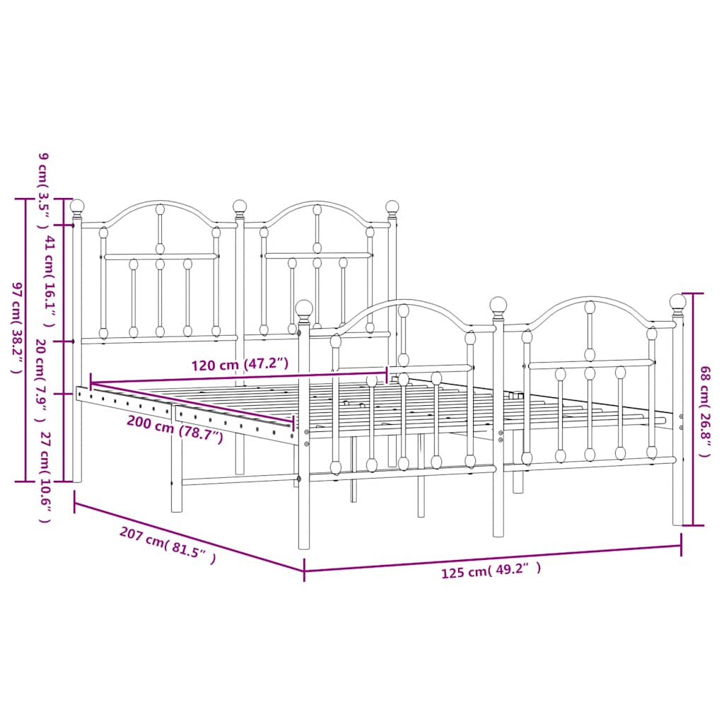 Giroletto con Testiera e Pediera Metallo Nero 120x200 cm 353455