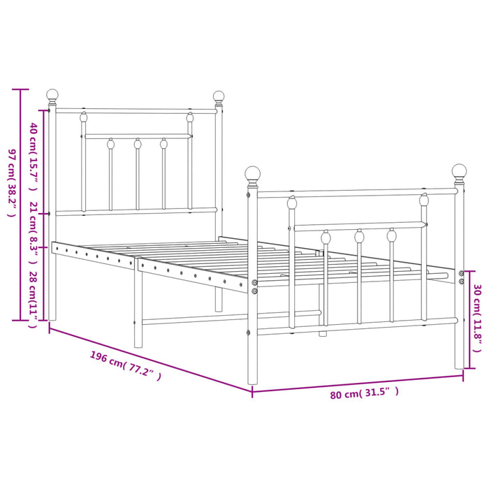 vidaXL Giroletto con Testiera e Pediera Metallo Nero 75x190 cm
