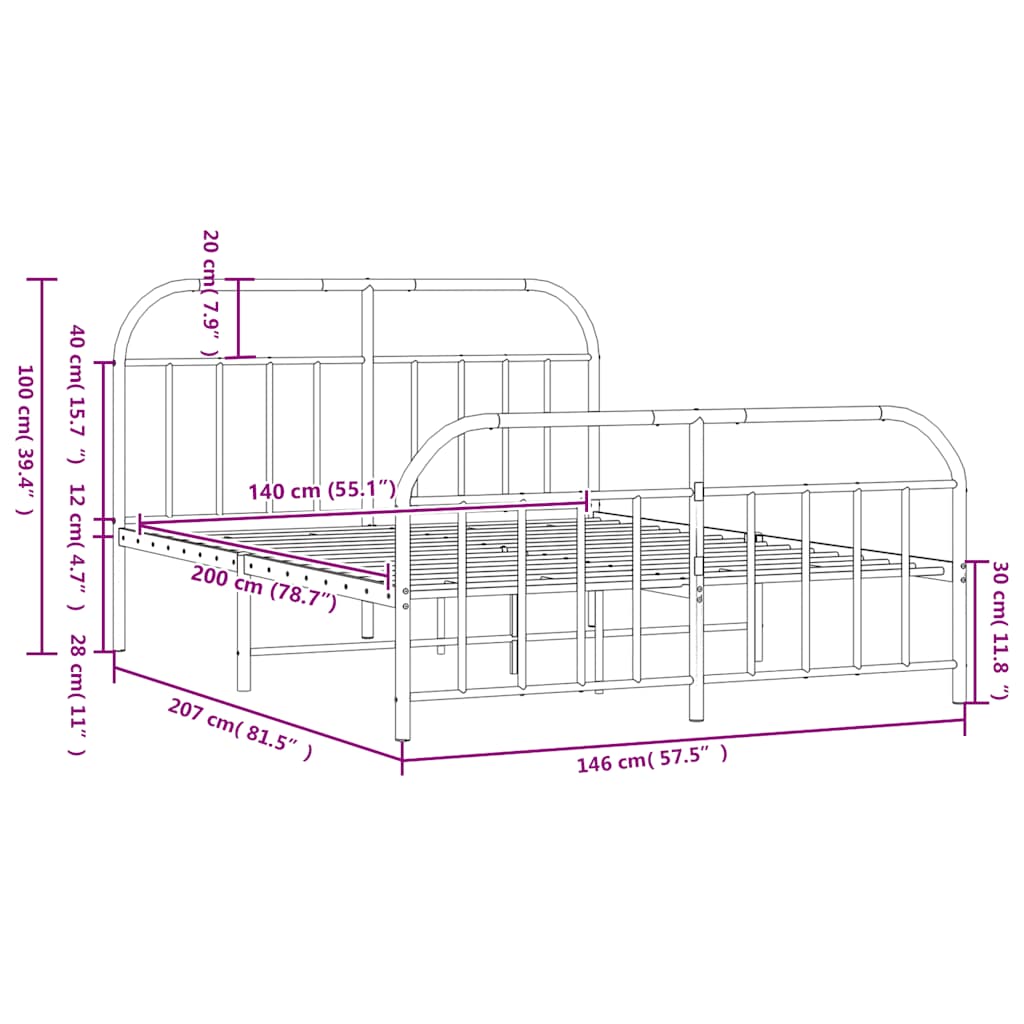Giroletto con Testiera e Pediera Metallo Nero 140x200 cm 353654