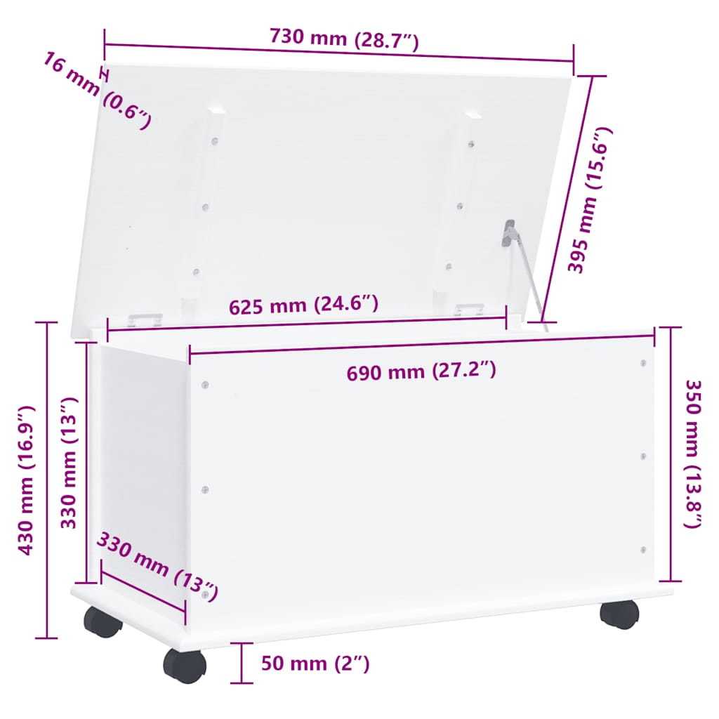 Cassapanca con Ruote ALTA Bianca 73x39,5x43 cm Massello di Pino 353928