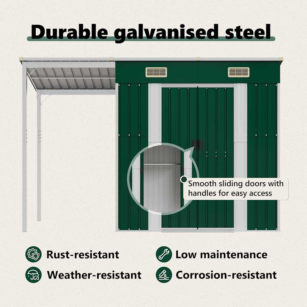 Capanno Giardino con Tetto Esteso Verde 277x110,5x181cm Acciaio 364524