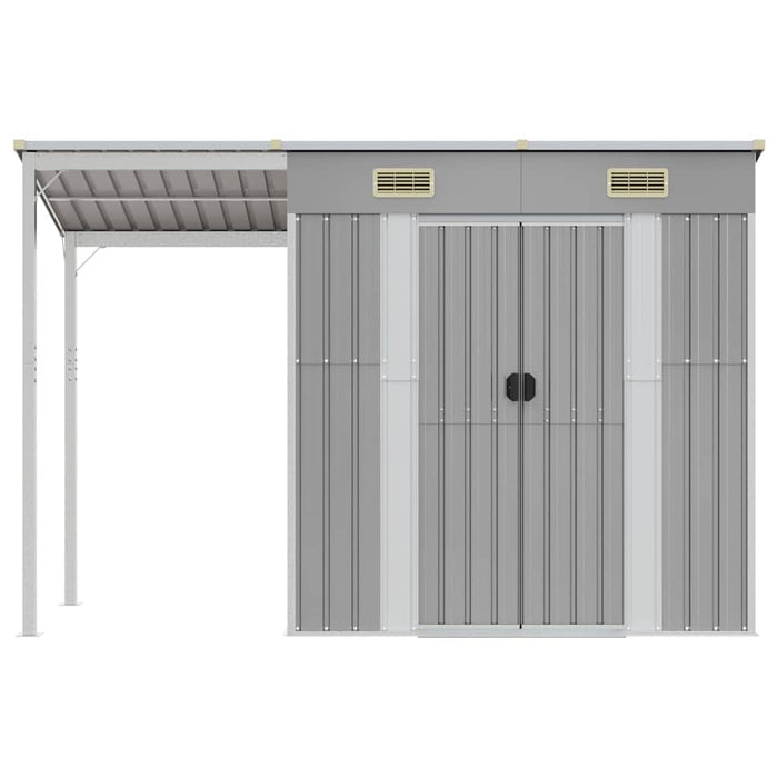 Casetta da giardino con tetto allungato grigio chiaro 277x107x181 cm in acciaio 364525