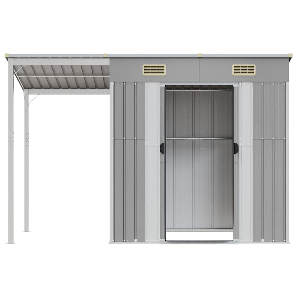 Casetta da giardino con tetto allungato grigio chiaro 277x107x181 cm in acciaio 364525