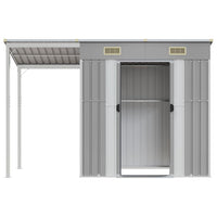 Casetta da giardino con tetto allungato grigio chiaro 277x107x181 cm in acciaio 364525