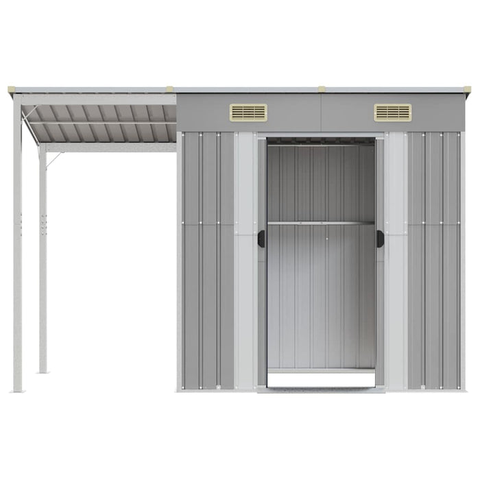 Casetta da giardino con tetto allungato grigio chiaro 277x107x181 cm in acciaio 364525