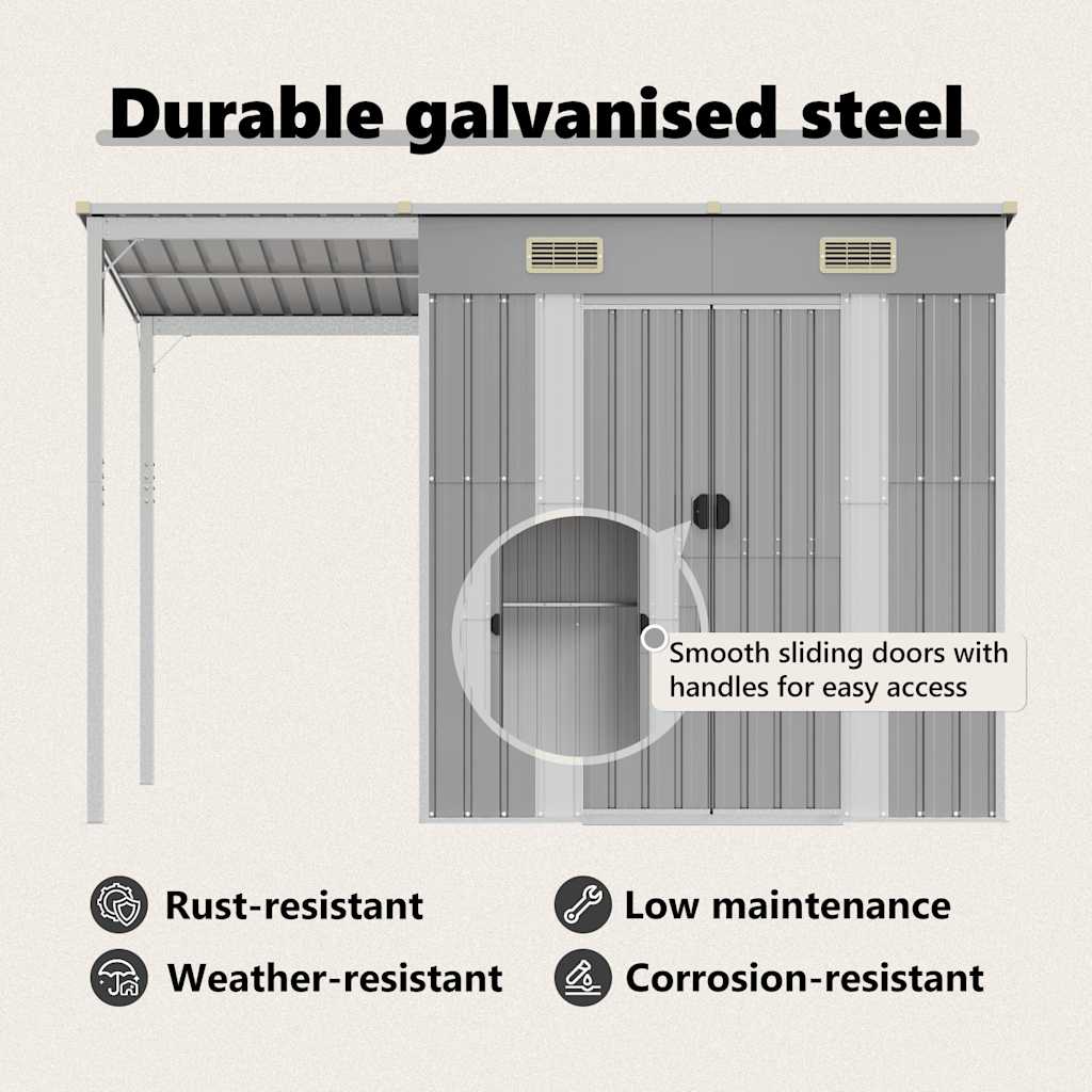 Casetta da giardino con tetto allungato grigio chiaro 277x107x181 cm in acciaio 364525