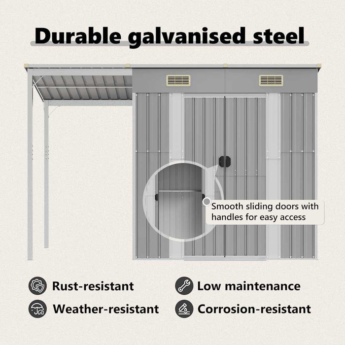 Casetta da giardino con tetto allungato grigio chiaro 277x107x181 cm in acciaio 364525