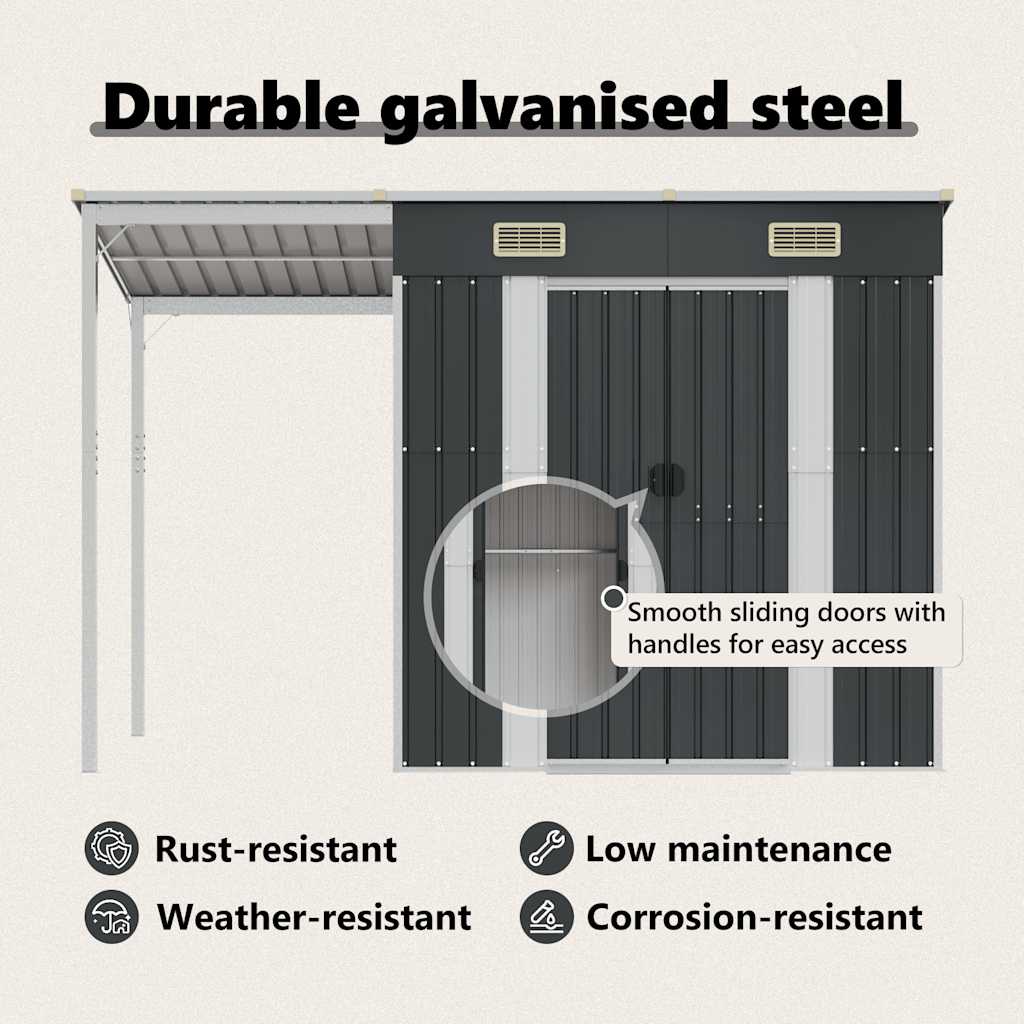 Capanno Giardino Tetto Esteso Antracite 277x110,5x181cm Acciaio 364526