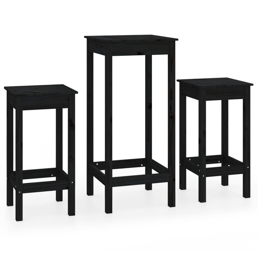 Set da Bar 3 pz Nero in Legno Massello di Pino 3188131