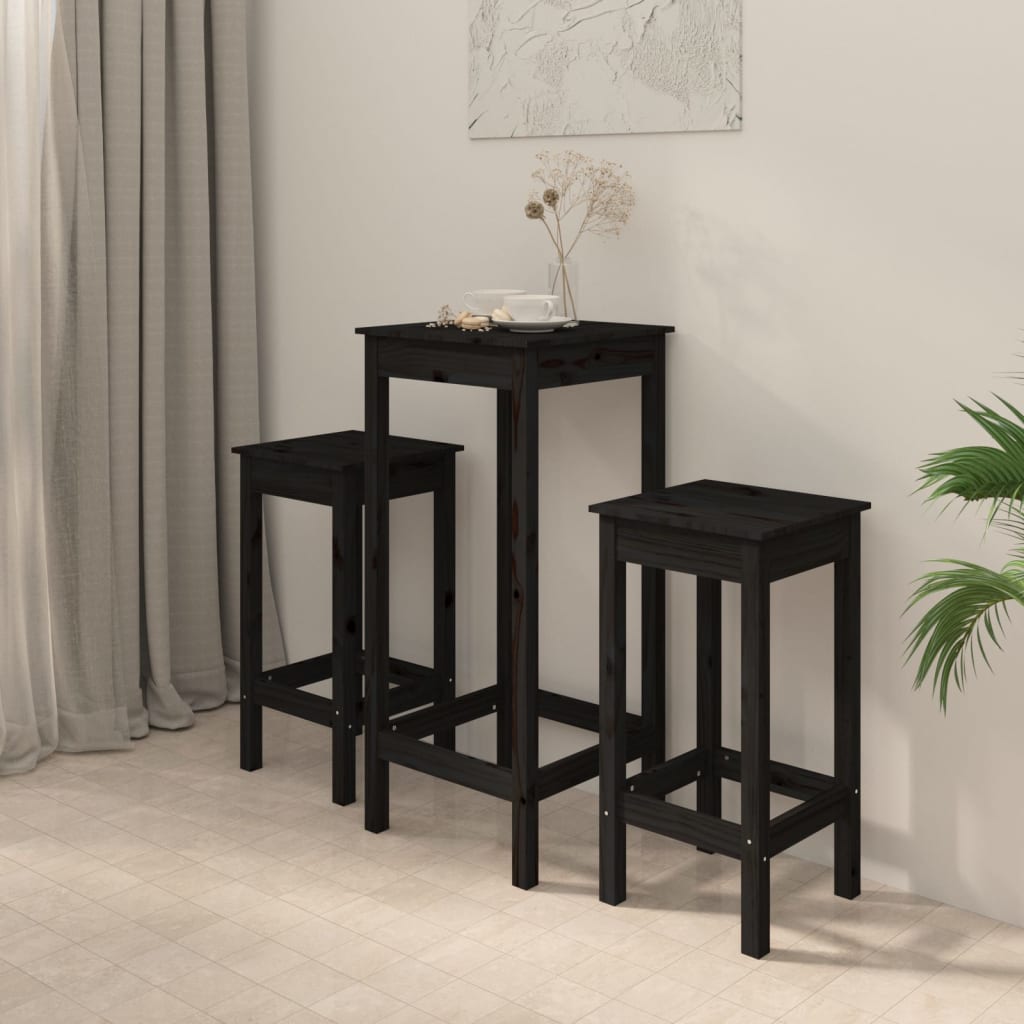 Set da Bar 3 pz Nero in Legno Massello di Pino 3188131