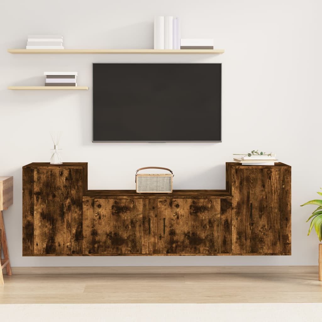 Set Mobili Porta TV 3 pz-Set di 3 Credenza per TV Rovere Fumo in Legno Multistrato 941190