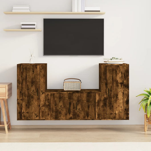 Set Mobili Porta TV 3 pz-Set di 3 Credenza per TV Rovere Fumo in Legno Multistrato 726483