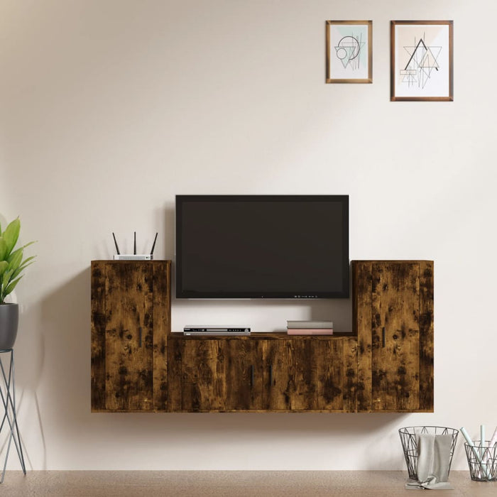 Set Mobili Porta TV 3 pz-Set di 3 Credenza per TV Rovere Fumo in Legno Multistrato 323636