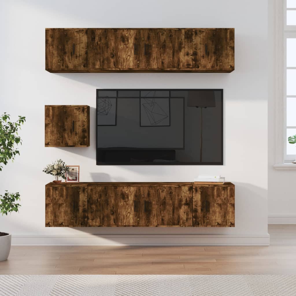 Set di Mobili Porta TV 7 pz Rovere Fumo in Legno Multistrato 3188667