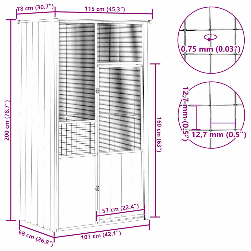 Gabbia per Uccelli Grigia 115x78x200 cm in Acciaio Zincato 172343