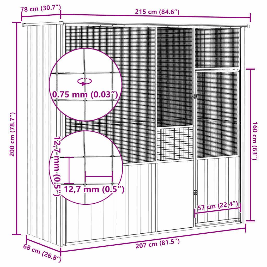 Gabbia per Uccelli Antracite 215x78x200 cm in Acciaio Zincato 172344