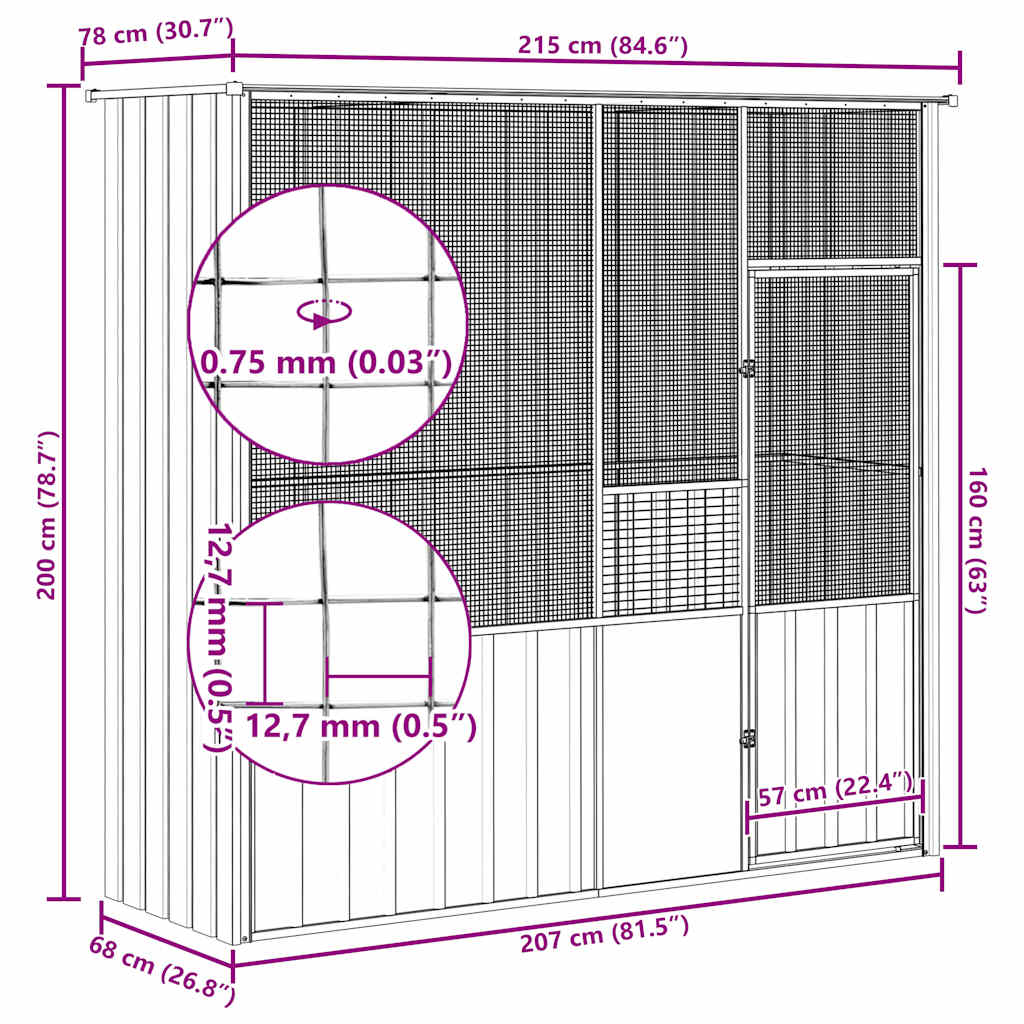 Gabbia per Uccelli Grigia 215x78x200 cm in Acciaio Zincato 172345