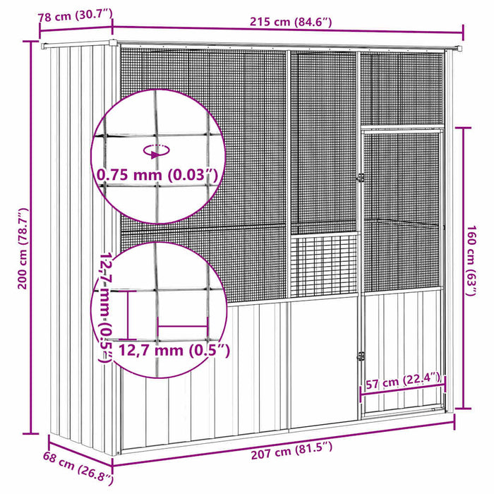 Gabbia per Uccelli Grigia 215x78x200 cm in Acciaio Zincato 172345