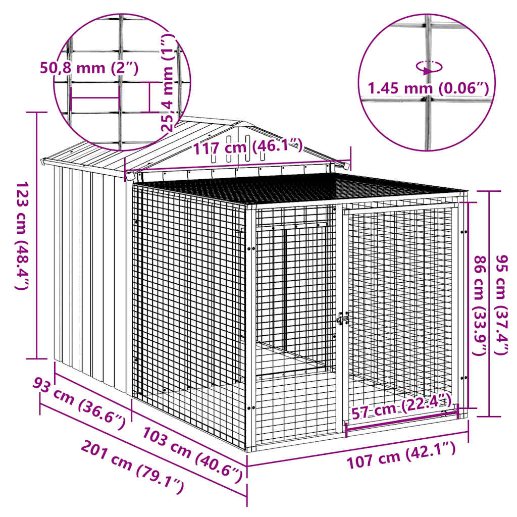 Recinto per pollaio con recinto per galline 117 x 201 x 123 cm in acciaio zincato antracite 02_0043946
