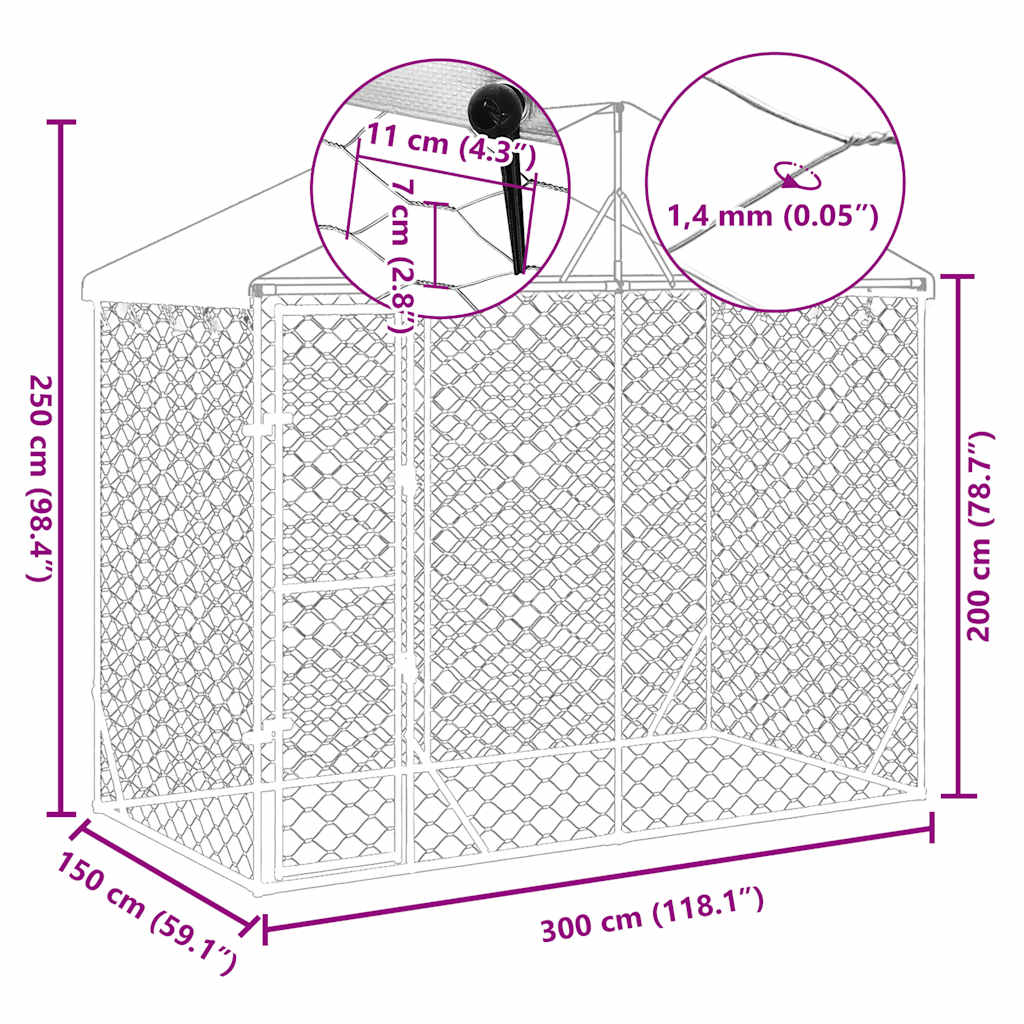 vidaXL Cuccia Cani da Esterno Tetto Argento 3x1,5x2,5m Acciaio Zincato