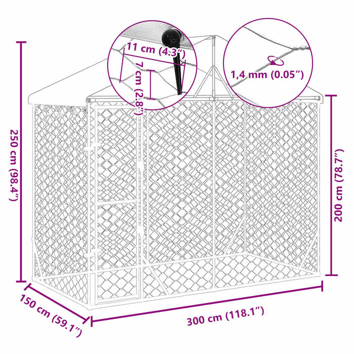 vidaXL Cuccia Cani da Esterno Tetto Argento 3x1,5x2,5m Acciaio Zincato