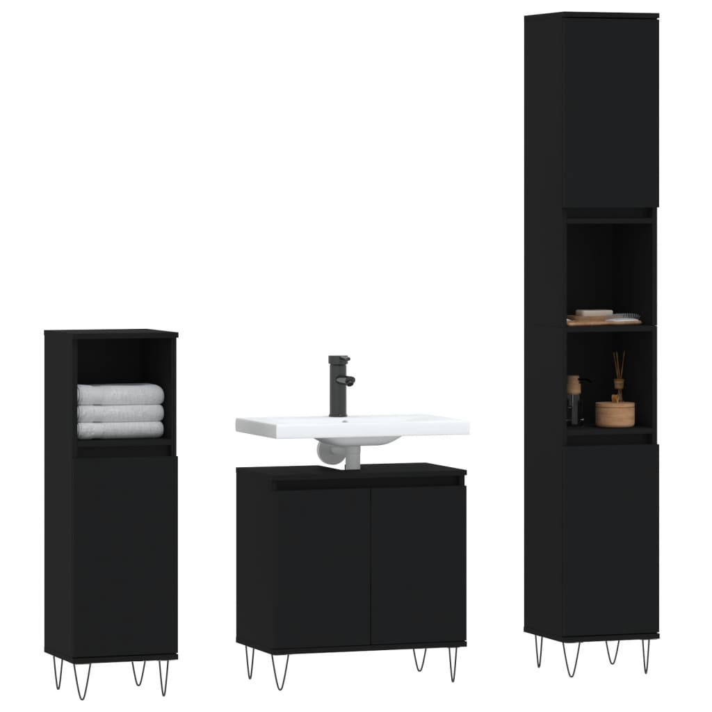 Set Mobili da Bagno 3 pz Nero in Legno Multistratocod mxl 77527