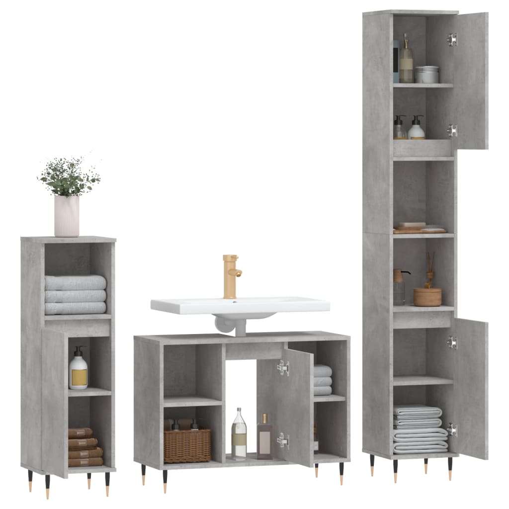 Set Mobili da Bagno 3 pz Grigio Cemento in Legno Multistrato 3190295