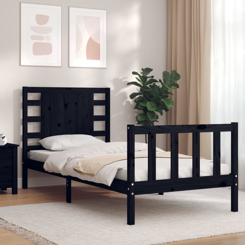 Giroletto con Testiera-Struttura Letto con testiera Nero Small Single in Legno Massello 186531
