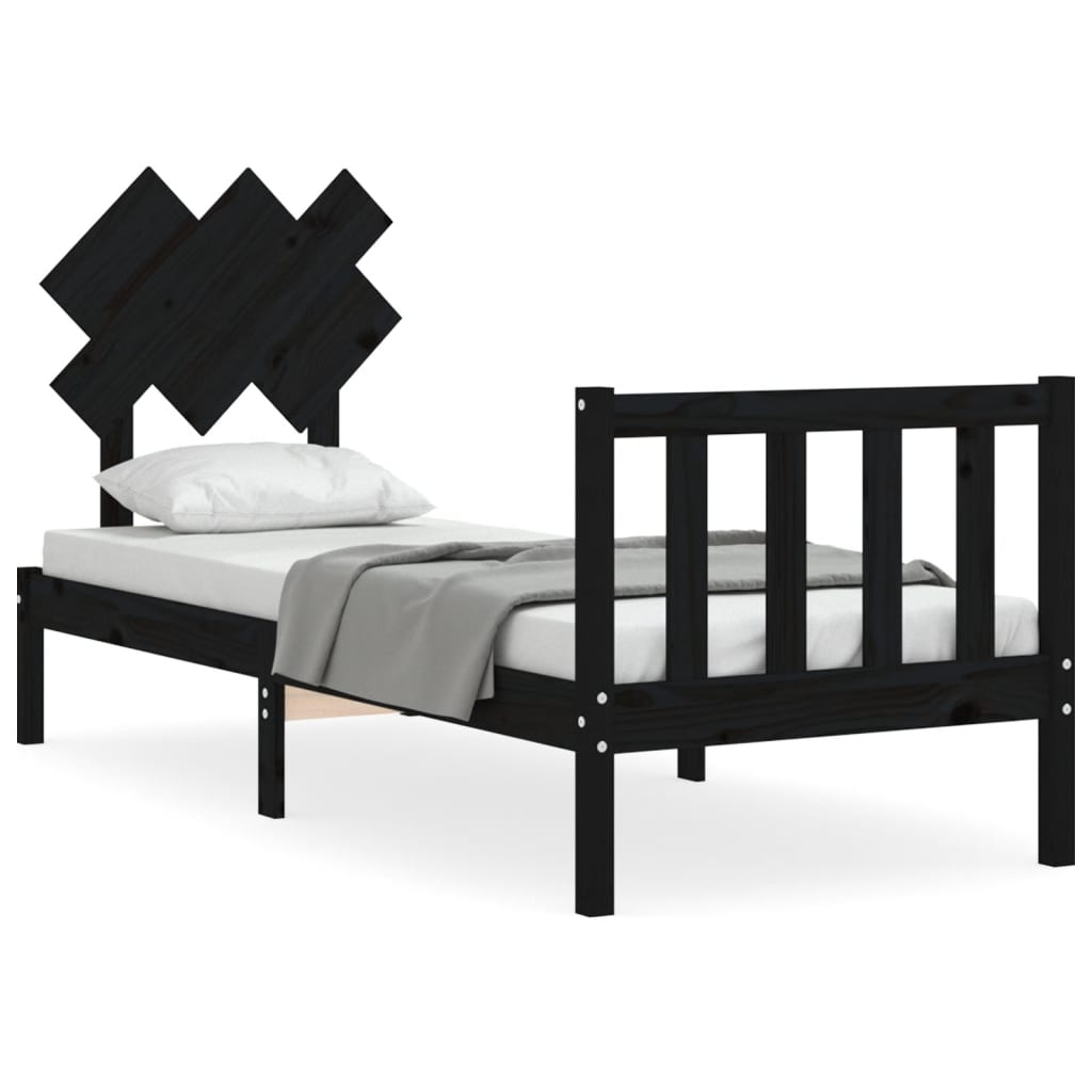 Giroletto con Testiera-Struttura Letto con testiera Nero Small Single in Legno Massello 664356