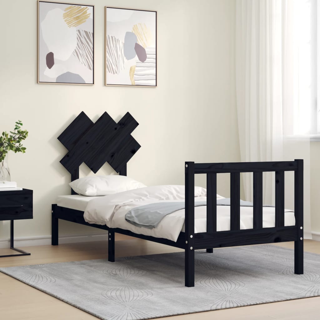 Giroletto con Testiera-Struttura Letto con testiera Nero Small Single in Legno Massello 664356