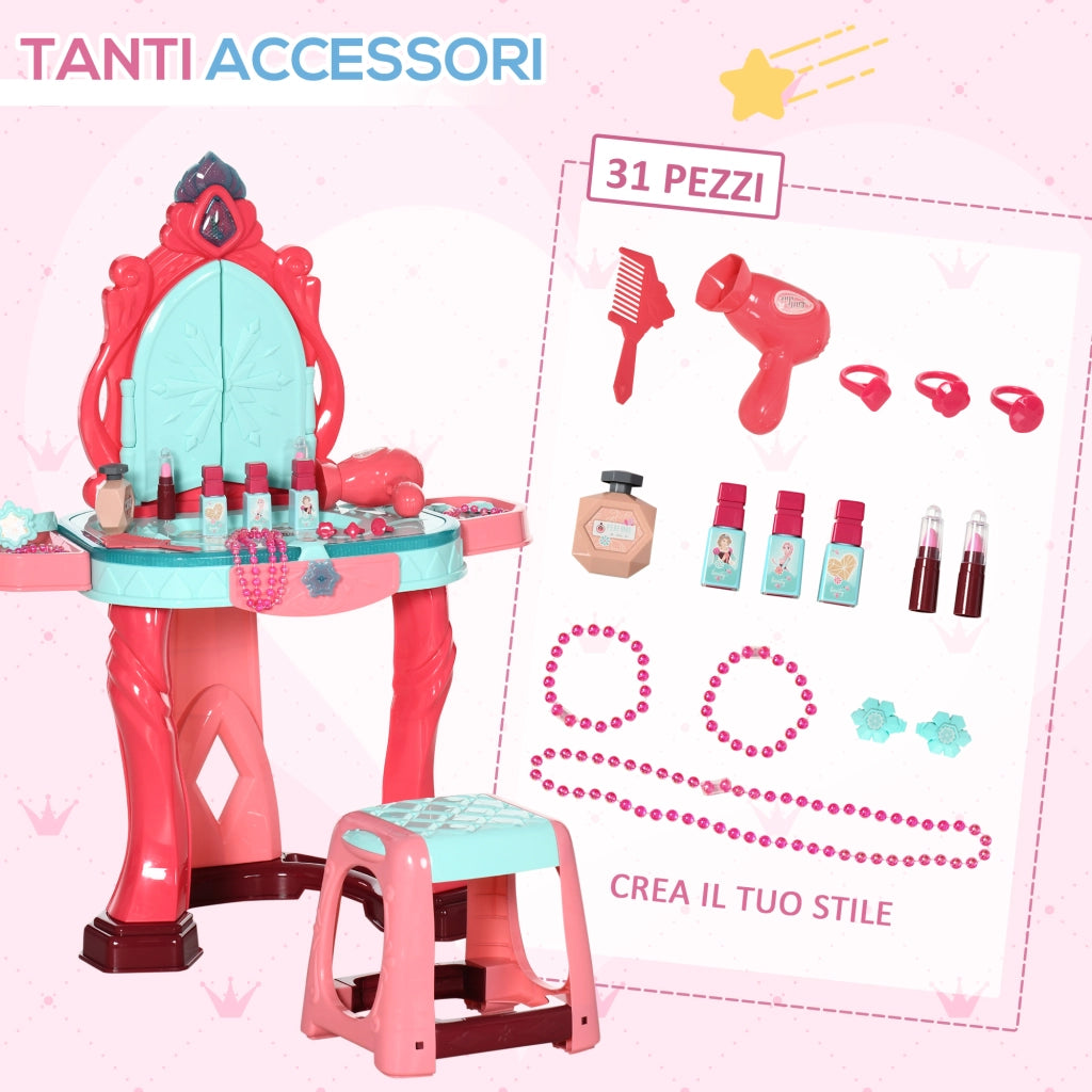 Tavolino Toeletta per Bambine con Sgabello, Specchio, Luci e Accessori, in PP e GPPS, 57x34x76 cm, Multicolore