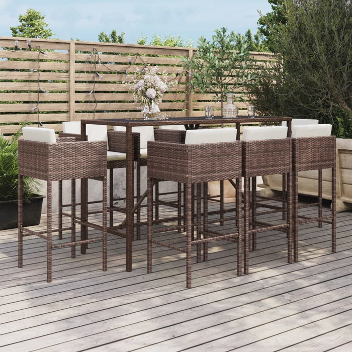 Set Bar da Giardino 9 pz con Cuscini in Polyrattan Marronecod mxl 77086