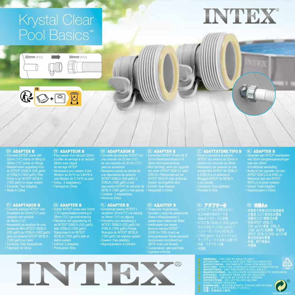 INTEX Adattatori B 2 pz per Tubi Flessibili da 32 mm a 38 mm 3202931