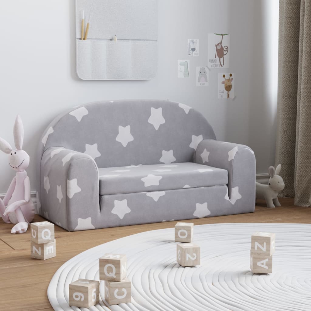 Divano Letto Bambini a 2 Posti Grigio Chiaro con Stelle Peluche