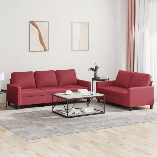 Set di Divani 2 pz con Cuscini Rosso Vino in Similpelle