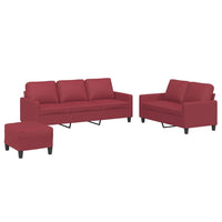 Set di Divani 3 pz con Cuscini Rosso Vino in Similpelle