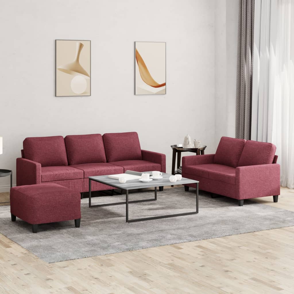 Set di Divani 3 pz con Cuscini Rosso Vino in Tessuto 3201474