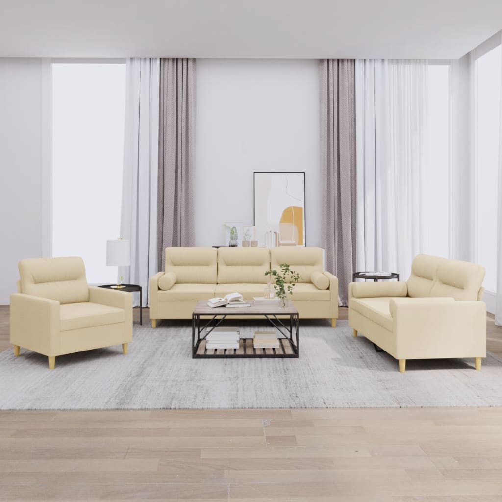Set Divani 3 pz con Cuscini Crema in Tessuto 3201554