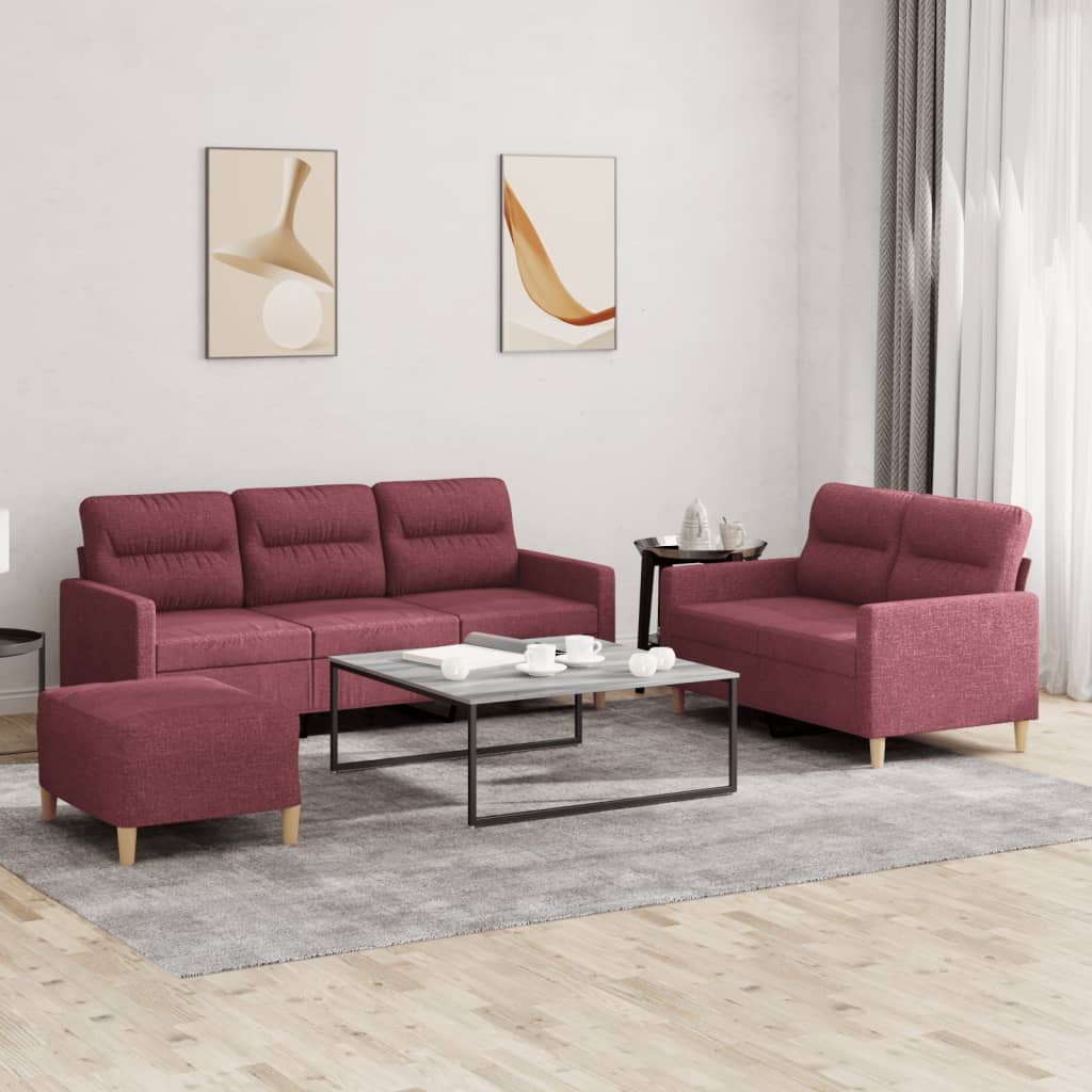Set di Divani 3 pz con Cuscini Rosso Vino in Tessuto 3201614